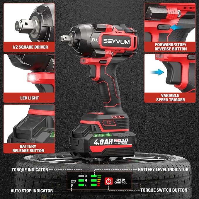 SEYVUM Cordless Impact Wrench, 1/2” Max Torque 900 Ft-lbs / 1200 N.m Powerful Impact Gun, 20V 3500RPM Electric Impact Driver, 2 x 4.0Ah Battery & Fast Charger, 6 Impact Sockets, Carrying Case Included