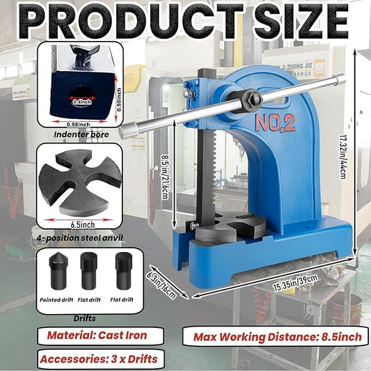 2 Ton Manual Arbor Press with 3 Drift, 8.5" Maximum Height Cast Iron Hand Press, Manual Desktop Arbor Press, Bench Press for Stretching Deforming Stamping Bending (Blue, 2 TON)