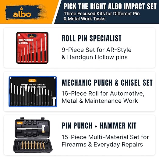 16-Piece Punch and Chisel Set, Chrome Vanadium Steel Center Punch Set for Metal, Tapered Pin Drivers, Heavy Duty Cold Chisels, Hex Anti-Roll Handles,Roll-Up Storage Pouch, Chisel Gauge Included