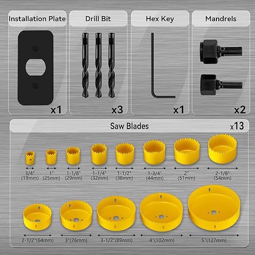 KATA Hole Saw Kit, 20 Pieces Hole Saw Set with 3/4"-6"(19-152mm) 13PCS Saw Blades, 2 Mandrels, 3 Drill Bits, 1 Installation Plate, 1 Hex Key, Ideal for Soft Wood, Plywood, Drywall, PVC, Yellow
