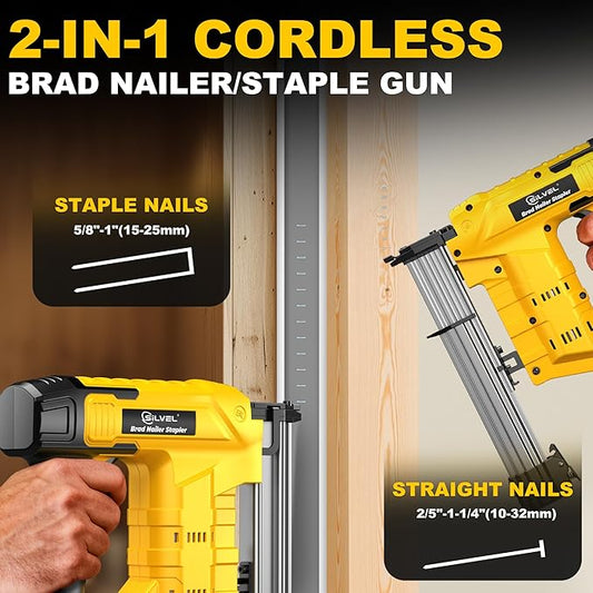 SILVEL 21V Cordless Nail Gun, 2-in-1 Electric Brad Nailer Stapler Gun with 2 * 5.0Ah Battery Powered, 1000pcs Nails, 18GA Staples,for Woodworking, Home Improvement,Carpentry, DIY Project Yellow
