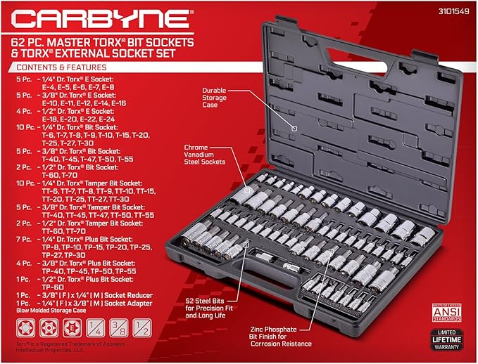 CARBYNE 62-Piece Master Torx Bit Socket Set & External (eTorx) Socket Set, Includes T6 - T70, TT6 - TT70, TP8 - TP60, E4 - E24| S2 Steel Bits, Cr-V Sockets, Durable Case | 1/4, 3/8, & 1/2 in. Drive