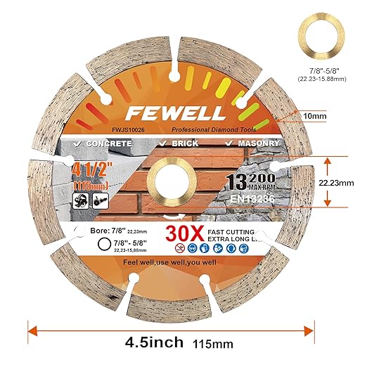 FEWELL 4 1/2 Inch Diamond Concrete Saw Blade,Segmented Concrete Blade for Angle Grinder Dry/Wet Cutting Masonry Brick Block Stone with 7/8"-5/8??Arbor