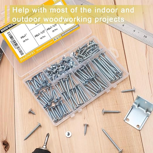 #8 Modified Truss Head Wood Screws Assortment Kit, 132 pcs, Phillips Drive, Wood Screws, Screws Assortment, Screws, Screws Set, 6 Sizes (1/2?? 3/4?? 1?? 1-1/4?? 1-1/2?? 2??