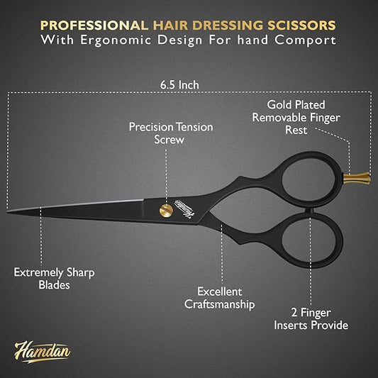 Hamdan 6.5??Matte Black Hair Scissors, Barber Shears for Men, Women & Kids ??Ultra-Sharp Professional Hair Cutting Scissors with Pouch, Precision Haircut for Salon & Home - Tijeras De Peluqueria