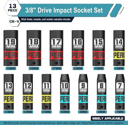 13 Piece 3/8" Drive Impact Socket Set, 7 mm-19 mm Deep Socket, Metric, 6 Point, Automotive Motorcycle and Bicycle Maintenance, Machinery Manufacturing