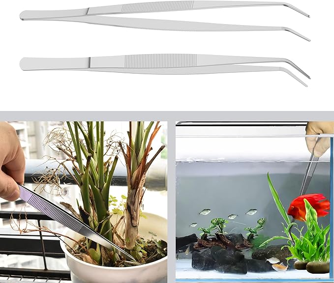 2 PCS 5 Inch Stainless Steel Tweezers with Curved Pointed Serrated Tip, Perfectly Aligned, 3/64 Inch Thickness Stainless Steel, Multipurpose Daily Garden Home Lab Craft Repairing Tool