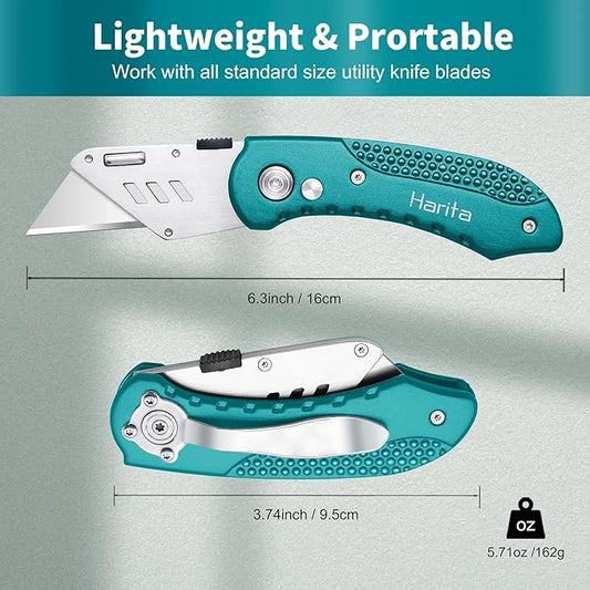 Harita Box Cutter Utility Knife cardboard cutter craft knife Quick Change Blades, Back-lock Mechanism, Portable Belt Clip, with 5-piece Extra Blades, Green
