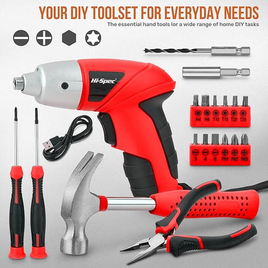 Hi-Spec 19pc 3.6V USB Small Power Screwdriver & Home DIY Tool Kit Set. Cordless & Rechargeable Electric Screwdriver and Compact Hand Tool Box Set,Red