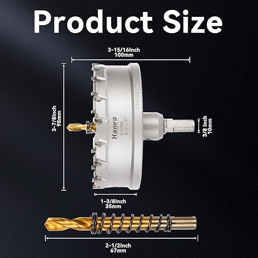 Hole Saw 3-7/8" (98mm) Heavy Duty Carbide with 2 Pilot Drill Bits - Metal Hole Cutter Cuts Stainless Steel, Iron, Copper, Brass, Plastic