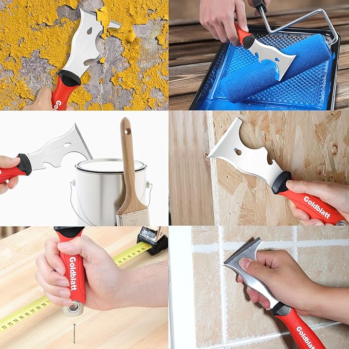 Goldblatt 4-piece Stainless Steel Joint Knife Set, 3-piece 4'', 5'', 6'' Putty Knives and 9-in-1 Multi-Tool Painter Scraper, Soft Handle with Hammer End, for Drywall
