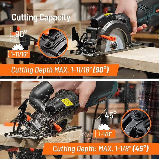 DOVAMAN Circular Saw, 5.8A 4-1/2" Circular Saw w/Laser, Metal Auxiliary Handle, 6 Blades (4½", 4¾"), Cutting Depth 1-11/16" (90°), 1-3/8" (45°), Ideal for Wood, Soft Metal, Plastic, Tile - MCS01A