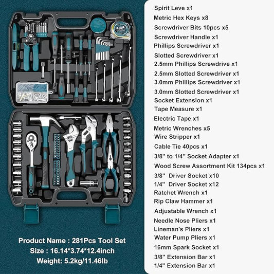 Sundpey Home Tool Kit 281-PCs - Portable Complete Basic Repair General Hand Tool Sets for Men Women - Full Tool Set with Socket Wrench Set & Screwdriver Set & Metric Hex Key & Pliers & Tool Box Case