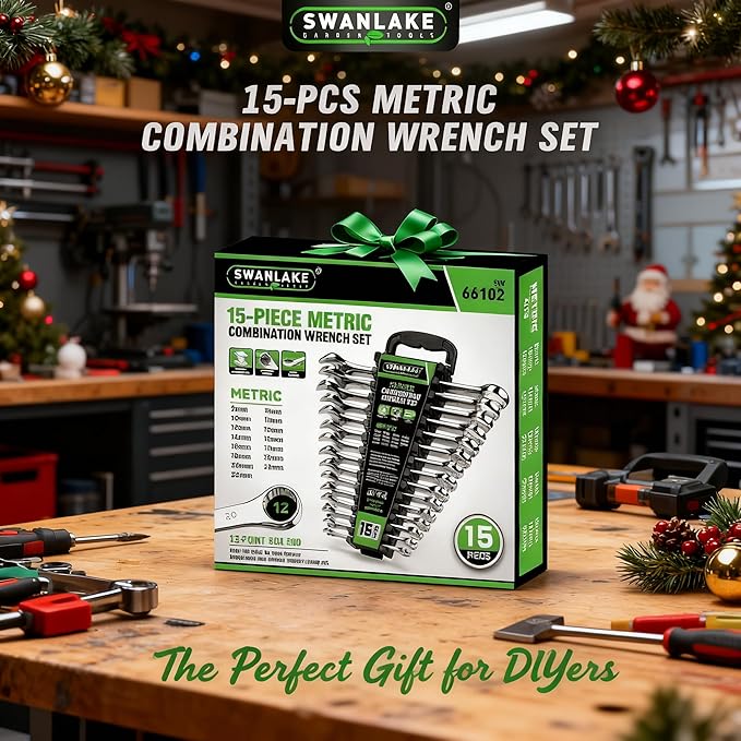 SWANLAKE GARDEN TOOLS 15-Piece Metric Wrench Sets, V Notch Premium Combination Wrench Set Metric 8-22mm, Max Torque, 12-Point, Chrome Vanadium Steel, with Storage Rack