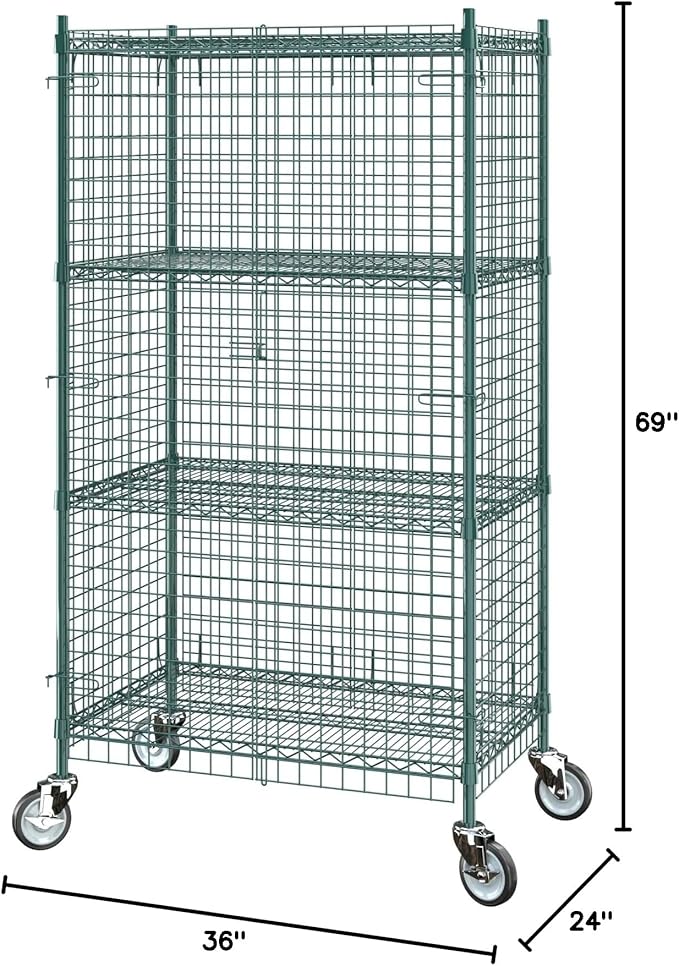 Commercial Grade NSF Listed Metal Wire Mesh Storage Green Epoxy Mobile Security Cage Kit, 24" x 36" x 70", Perfect for Warehouse, Walk-in Refrigerator, Freezer, Grocery Store, Restaurant, Dishroom