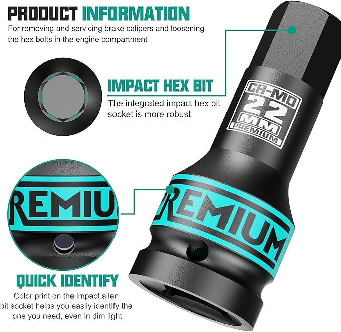 3/4" Drive H22 Impact Hex Bit Socket, 22 mm Allen Bit Socket, Metric, Cr-Mo Steel, Car Maintenance, Furniture Installation, Mechanic Use
