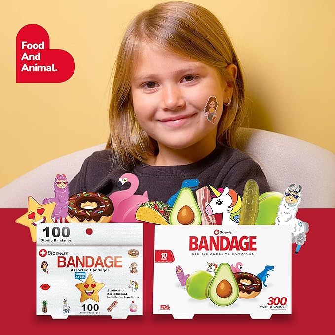 BioSwiss Bandages, Assorted Animal, Fun, and Food Shaped Self Adhesive Bandage Set, Latex Free, Sterile Wound Care, 300 Count