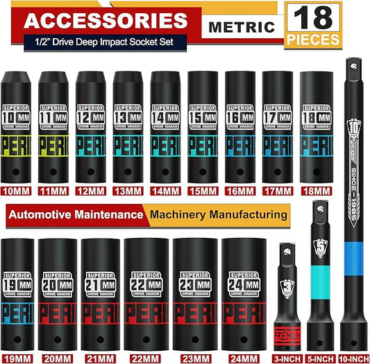 18 Piece 1/2" Drive Deep Impact Socket Set, 10mm - 24mm, with Extension Bars:3-inch, 5-inch, 10-inch, Metric, 6-Point, CR-V Steel, Automotive Maintenance, Machinery Manufacturing