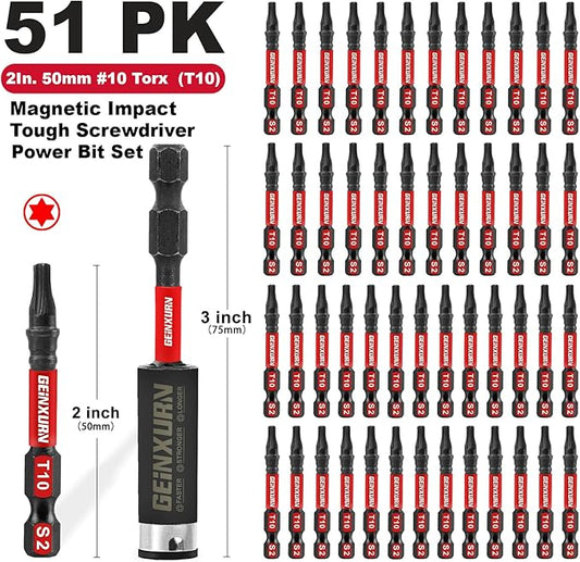51 Pieces T10 Impact Tough Magnetic Screwdriver Bit Set, 2 In. #10 Torx Head Power Bit Set, S2 Alloy Steel T10 Star Bit with 1Pcs Impact Bit Holder