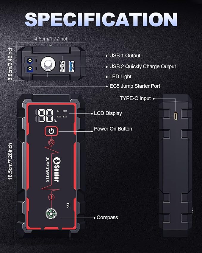 Jump Starter, Battery Jumper Starter Portable, Car Battery Jump Starter with 3 Modes Flashlight, Compass, Power Bank and Jumper Cable