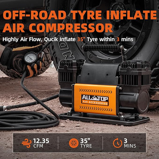 ALL-TOP Air Compressor Kit, Dual Cylinder 12V Portable Inflator 12.35 ft쨀/Min, Offroad Air Compressor Pump for Truck Tires, Heavy Duty Max 150 PSI for 4x4 Vehicle & RV