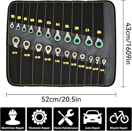 GRENPRO Ratcheting Wrench Set, Combination Wrench Set Metric And Standard & SAE With Color Ring, 1/4" to 3/4" & 6-18mm, 23PC Open End Ratchet Wrenches With Roll Up Pouch, CRV Socket Mechanic Tool Sets