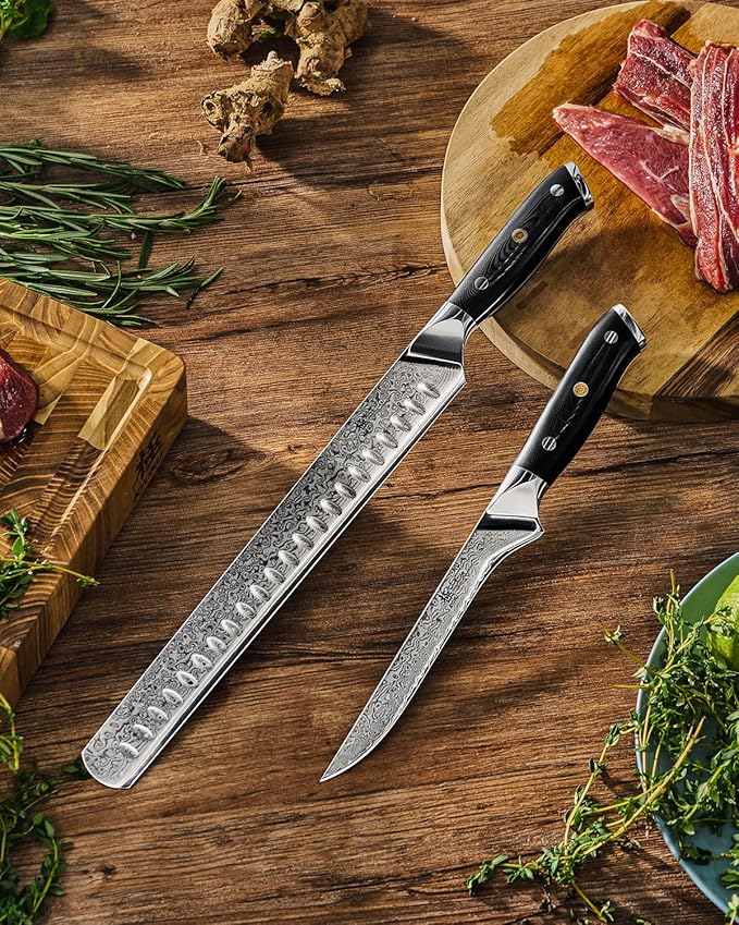 KYOKU Knife Set, Shogun Gin Series 2pc Japanese Style Kitchen Knife Set for Cooking, 7" Boning 12" Slicing Knife with Silver Ion Blade Sheath Gift Box, Ultra Sharp Damascus Stainless Steel Knives