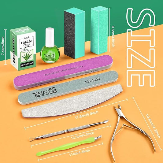 TsMADDTs Cuticle Pusher Nail File Kit, Nail Buffers and Files with 3 Files, 2 Buffering Blocks, 2 Polishing Buffers, Cuticle Nippers, Pusher and Oil