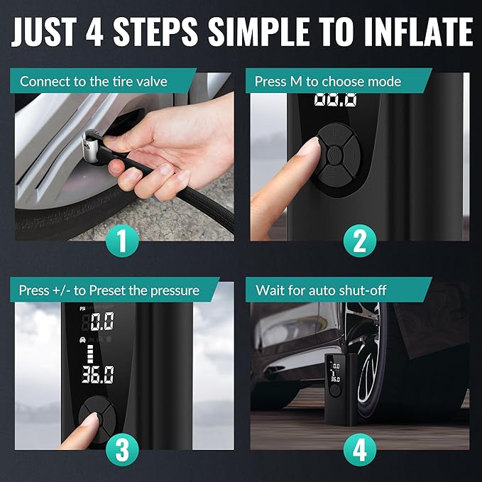 Upgrade Tire Inflator Portable Air Compressor-180PSI Air Pump for Car Tires-Electric 3X Faster Tire Inflation-Cordless Tire Pump with Pressure Gauge for Car, Motorcycle, Bicycle, Ball and More