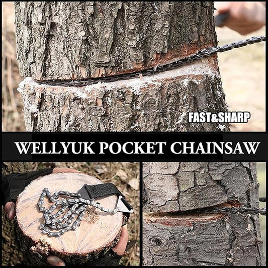 Survival Pocket Chain Saw 24 Inch with Teeth Blades Heavy Duty Steel Rope Chainsaw, 11 Teeth Compact Wood Cutting Hand Saw Tools for Outdoor Camping Hiking Hunting Tree Trimming Firestarter