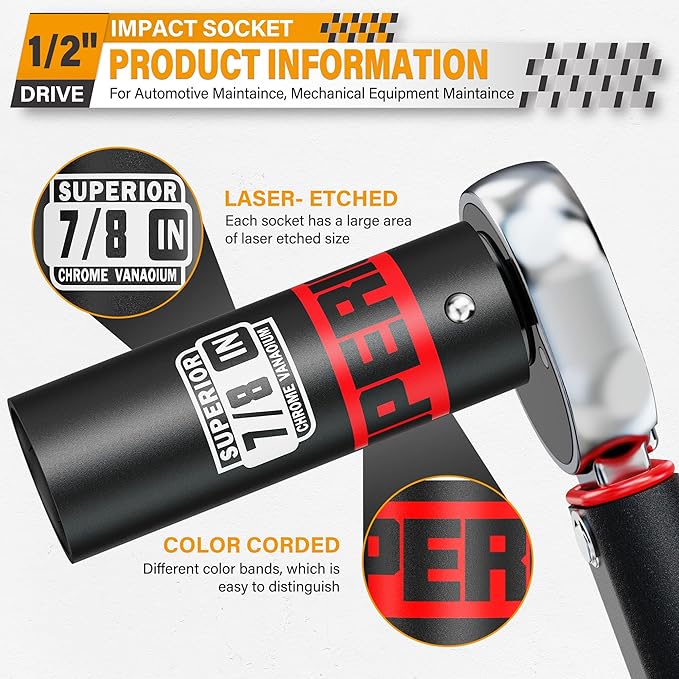1/2" Drive Impact Socket, 7/8 inch Deep Socket, SAE, 6 Point, CR-V, for Car Repair, Loosen the Fastening Nut