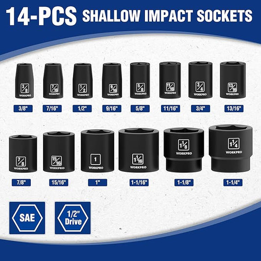 WORKPRO 1/2??Drive Shallow Impact Socket Set, SAE Cr-V Steel 6-Point Socket Set with Storage Case for Automotive Maintenance and Repairs (14PCS 3/8??1-1/4")