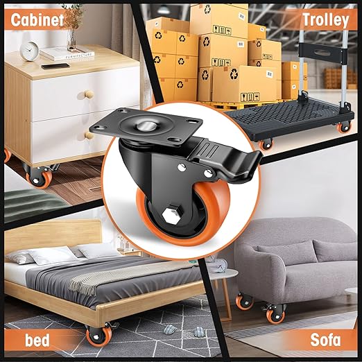 Casters, 3" Caster Wheels竊똂asters Set of 8 Heavy Duty - ASRINIEY Orange Polyurethane Castors, Top Plate Swivel Wheels, 8-Pack Industrial Casters with Brake, Locking Casters for Furniture and Workbench