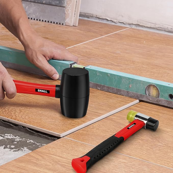 SHALL 2-Piece Rubber Mallet Hammer Set, 16oz Rubber Hammer Mallet & 40mm Double-Faced Soft Mallet, Shockproof Fiberglass Handle with Cushion Grip, Damage-Free to Flooring, Tile, Crafts and Wood Work