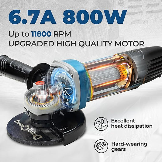 DongCheng Angle Grinder 4-1/2 inch 6.7-Amp Paddle Switch 11800RPM Power Electric Grinder Tools with Cutting & Grinding Wheels, Flap Discs, Auxiliary Handle for Metal & Rust Removal, Beginner-Friendly