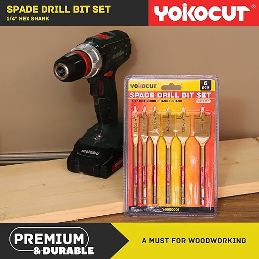 Spade Drill Bit Set, 6PCS Paddle Bits Set, 3/8"-1" Spade Bits with 1/4 Hex Shank, Wood Hole Cutter, Drill Bits for Wood