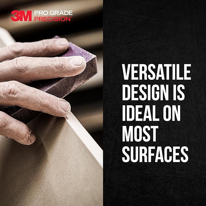 3M Pro Grade Precision 3-in-1 Sanding Sponge, 180 Grit Medium, 2 Sponges, Washable & Reusable, for Wood, Metal, Drywall, and Paint Prep ??Flexible Foam, Contoured, Angled, Flat
