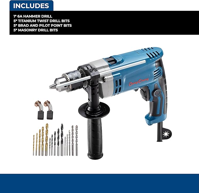 DongCheng Hammer Drill 6A,1/2 Inch Keyed Chuck, 0-3000 RPM/45000 BPM Impact Drill with 15PCS Drilling Bits for Brick Wall, Metal & Wood, DZJ05-13