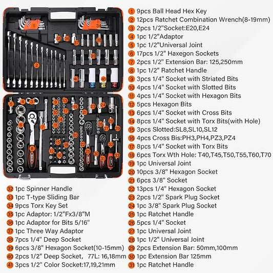REALTEK 178 Pieces Socket Wrench Set 1/4"3/8"1/2",CR-V Metric Wrench Set with Extension Bar,Quick-Release Ratchet Wrench with Bit Socket Set for Auto Repairing,Household and Workshop,Durable Tool Box