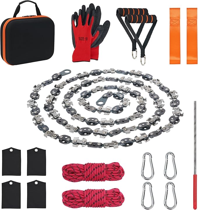 56 Inch High Limb Rope Saw, Hand Chainsaw with 72 Sharp Teeth Blades on Both Sides, Hand Rope Chain Saw Kit Includes Ergonomic Handles, Hand Straps and Storage Case, Manual Tree Limb Cutter