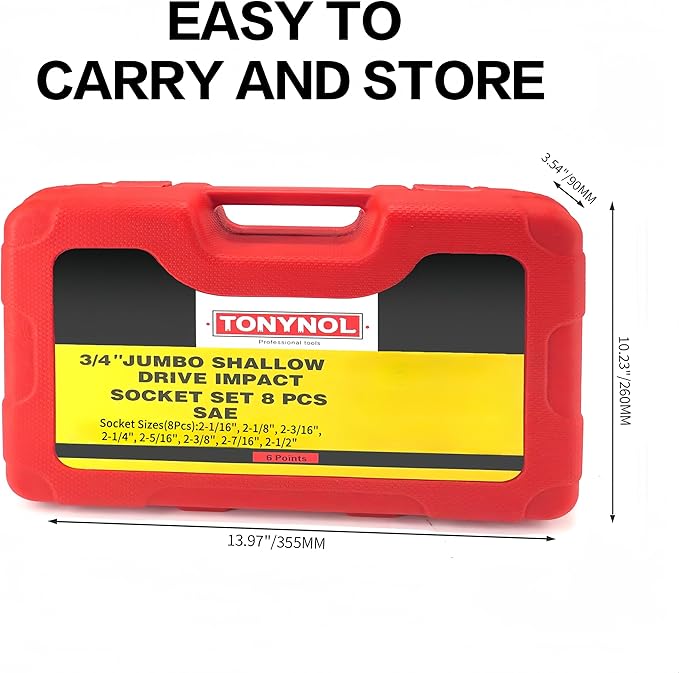 3/4 Inch Drive Impact Jumbo Socket Set,6-Point,SAE(2-1/16" to 2-1/2"),8 Pcs,Cr-MO Steel,With a Storage Case