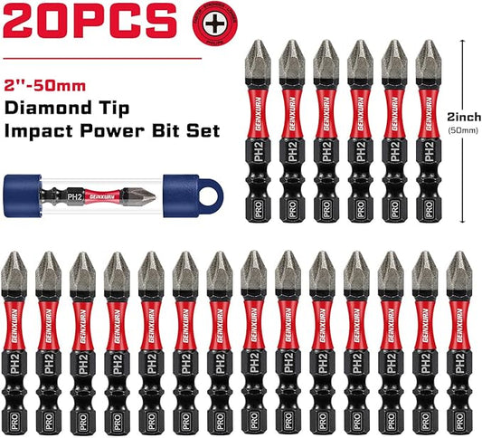 20Pcs Diamond Coated Impact Screwdriver Bit Set, 2 Inches #2 Phillips Power Driver Bits, Magnetic S2 Steel PH2 Screwdriver Bits Set with Tubes Package