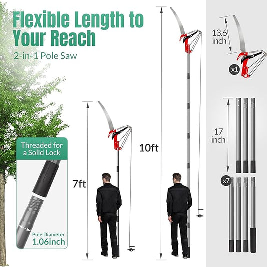 Suchtale 10FT Pole Saw for Tree Trimming, Manual Tree Pruner with Steel Saw Blade & Scissors, Long Handle Branch Cutter Pole, Extendable Limb Trimmer for High Branches, Yard Garden Pruning Tool