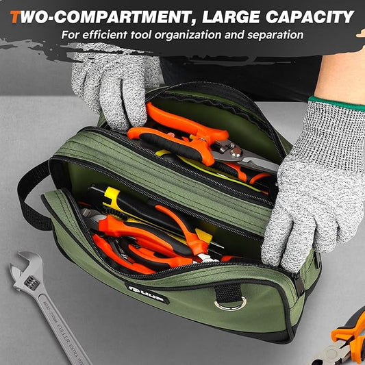 12" Small Tool Bag 2 Pack, Zipper Tool Pouch 2 Compartments, Utility ToolBag with Carrying Handle, Toolbox Organization, Screwdriver Storage Tool Box, Electrician Mechanic Men Dad Gifts, Orange/Green