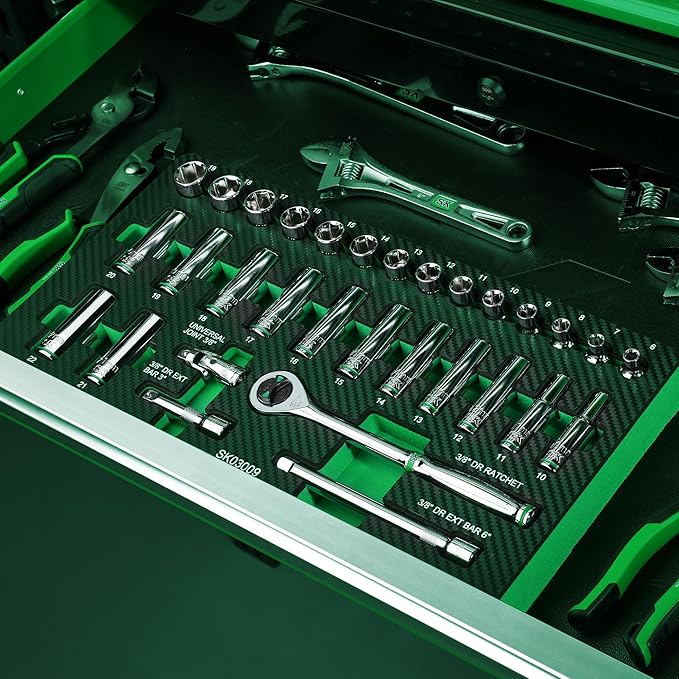 SK 3/8" Drive Socket Set with 160-P Ratchet, 31-Piece, Metric, SuperKrome Finish, Premium CR-V Construction, with EVA Foam Tool Organizer