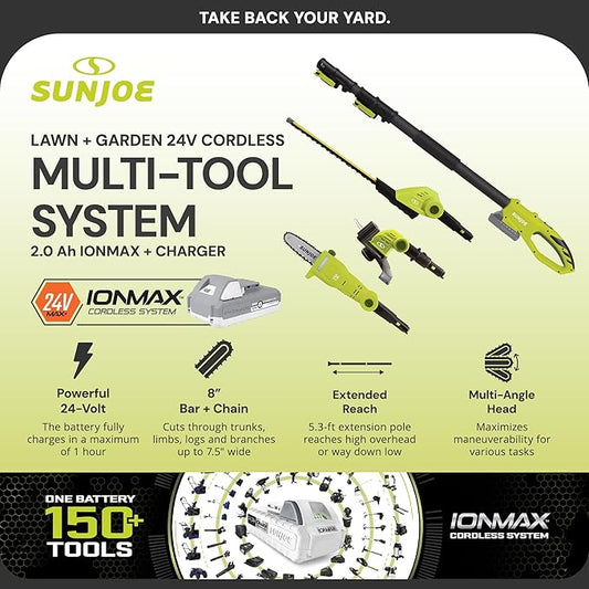 Sun Joe Cordless Lawn Care System, Grass & Hedge Trimmer Combo Power Tool Kit with 8??Pole Saw, Batteries & Charger - Heavy-Duty Trimming Machine Set for Lawn, Yard & Gardening Care, IONMAX GTS4002C