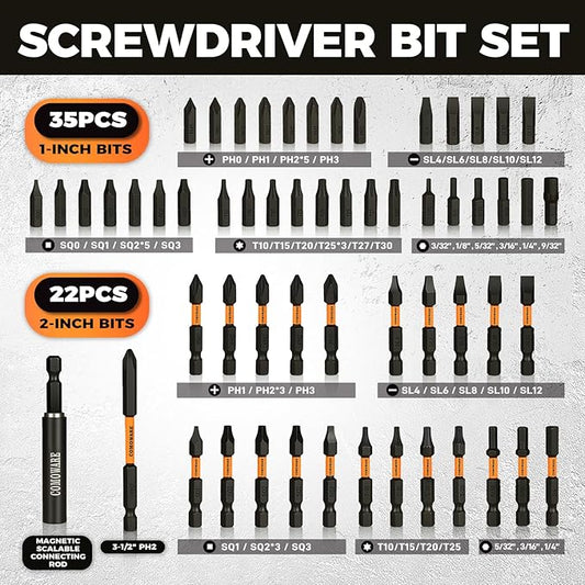 COMOWARE 68Pcs Impact Screwdriver Bit Set, Black Oxide Coated Bits with Dry Anti-Rust Oil, Includes 1", 2", 3-1/2" Bits, 6 Sockets & Magnetic Driver for Drill/Hand Tools, Portable Storage Case