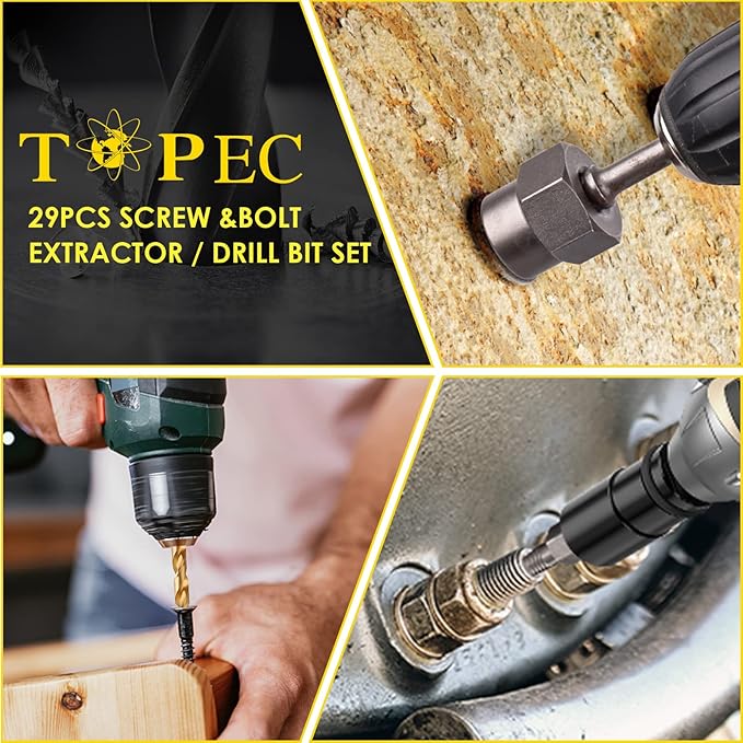 Topec Bolt Extractor Kit, 29 Piece Screw Extractor and Left Hand Drill Bit Set, Easy Out Stripped Lug Nut Remover Socket for Stripped, Damaged, Rounded-Off, Rusted Bolts, Nuts & Screws