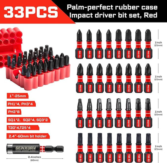 Impact Screwdriver Bits Set, 33 Pieces 1?쒶ulti Head Magnetic S2 Steel Driver Bits PH/SQ/Torx With Red Soft Base