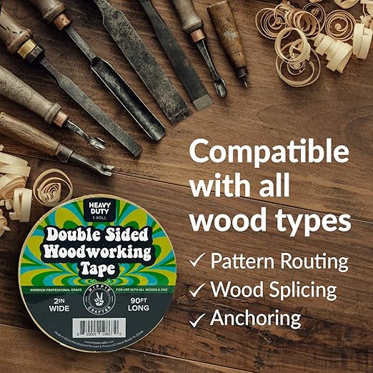 HIPPIE CRAFTER Double Sided Tape for Woodworking, 2 Inch Wide Heavy Duty Woodworking Tape for CNC Machines and Routing Templates, Removable & Strong, 90 Feet Long